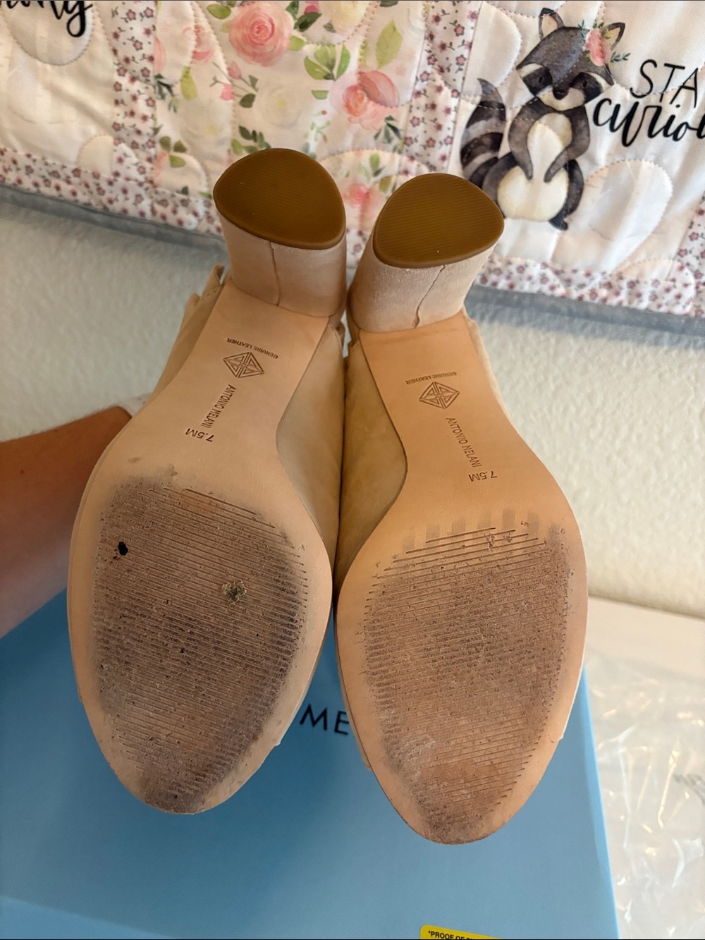 ANTONIO MELANI Tan Ruffle Peep-Toe Block Heels with Front Tie Detail - Picture 6 of 8